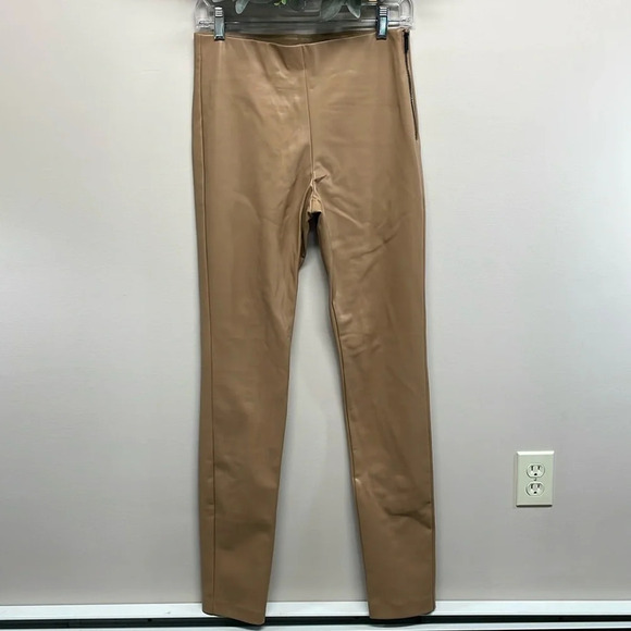 NWOT Zara Faux Leather High Rise Camel Leggings Back Hem Slit M - Picture 1 of 16